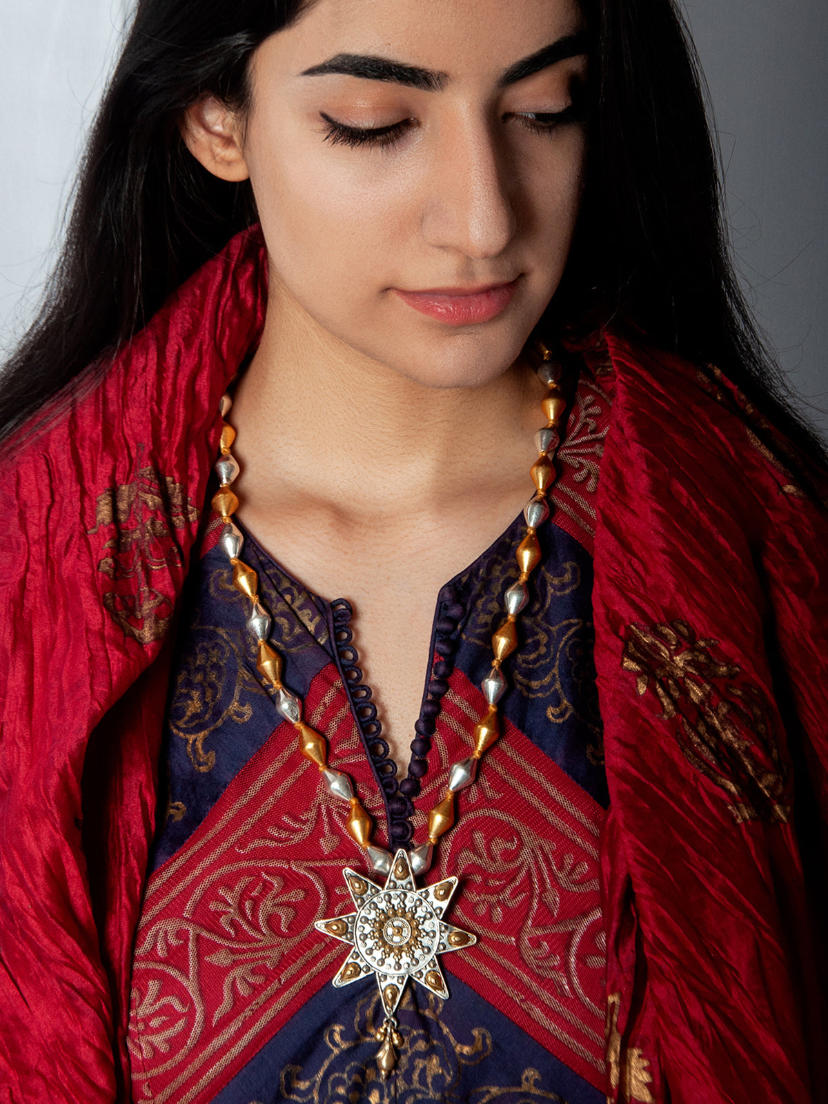 925 Sterling Silver Two Tone 22K Gold Plated Dholki Necklace With Star Design view 1