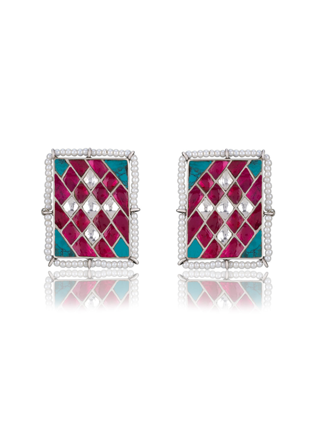 925 Sterling Silver Multicolored Kundan Studs with Pearl view 3