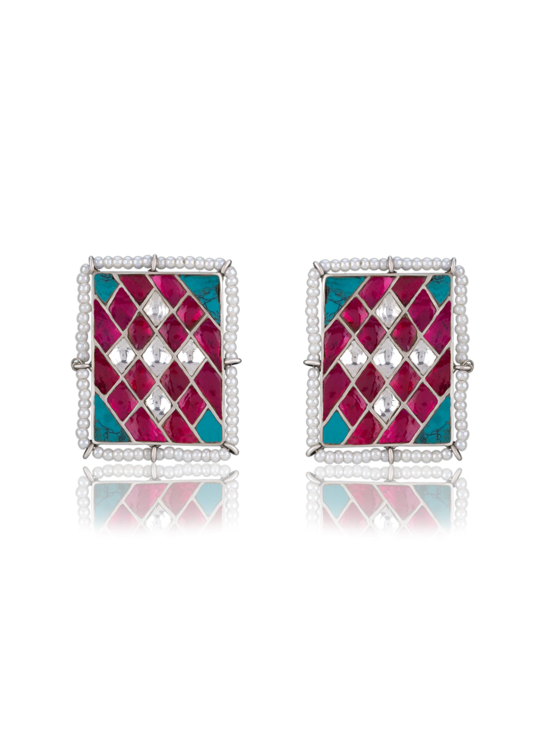 925 Sterling Silver Multicolored Kundan Studs with Pearl