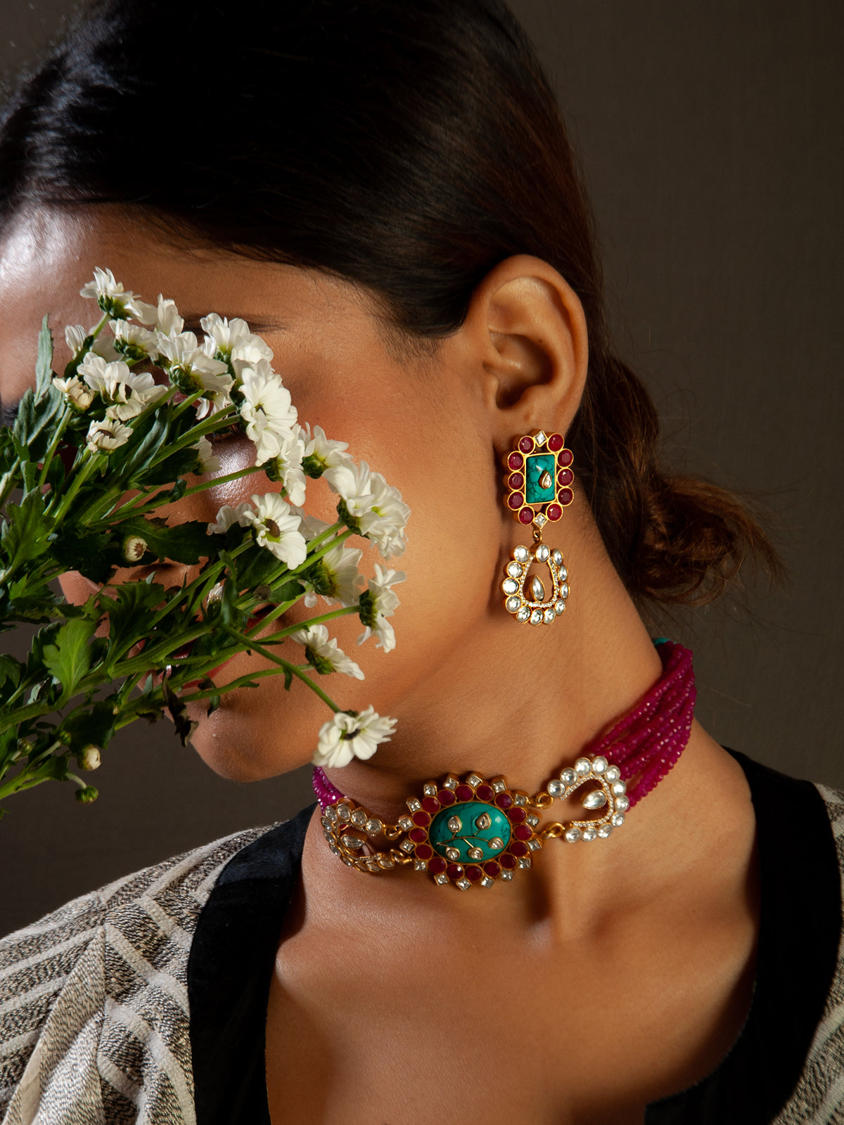 Svarnim Turquoise Ruby Kundan Earrings view 1