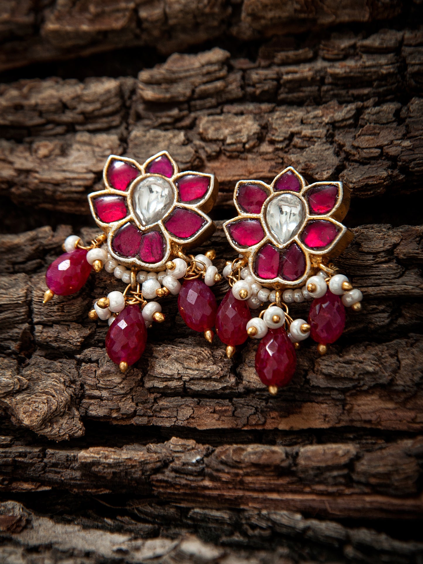 925 Sterling Silver Gold Plated Floral Kundan Earrings with Ruby Drops