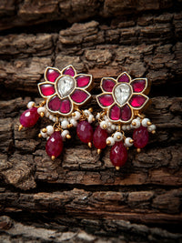 925 Sterling Silver Gold Plated Floral Kundan Earrings with Ruby Drops view 2