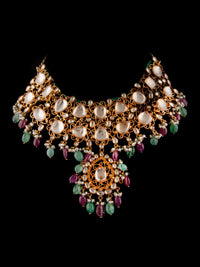 925 Sterling Silver 22K Gold Plated White Kundan Necklace With Green Quartz, Ruby and Pearl view 5