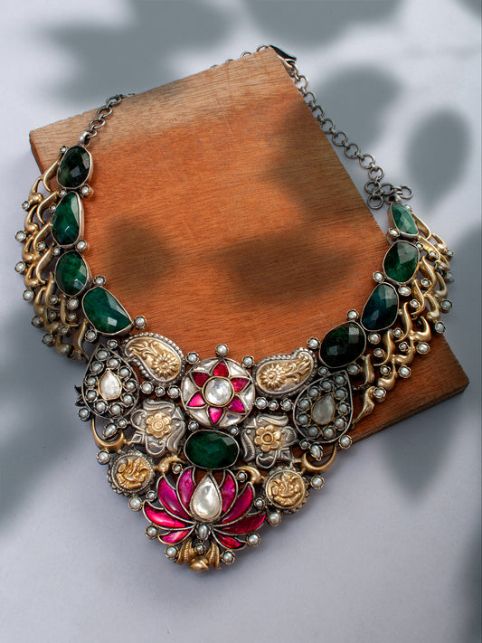 925 Sterling Silver Two Tone 22K Gold Plated Necklace With Labradorite, Pearl, Pink and White Kundan