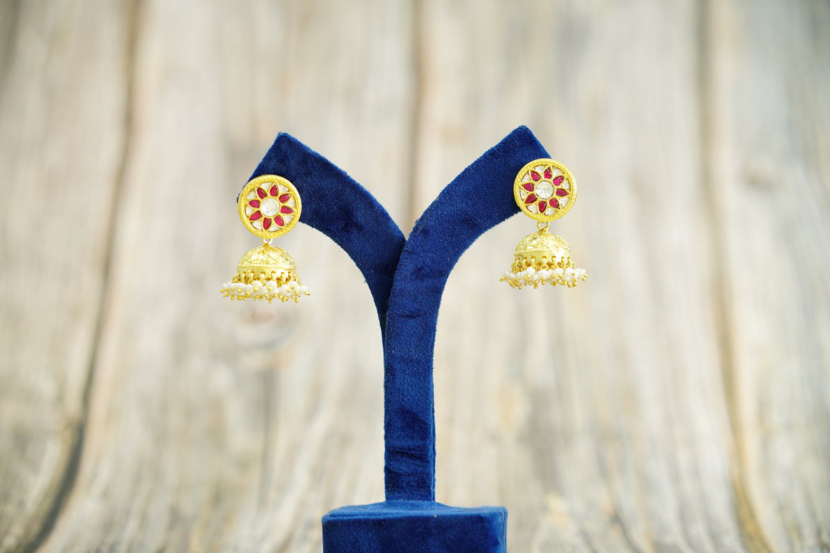 925 Silver Gold Plated Silver and Red Kundan Jhumki Earrings view 4