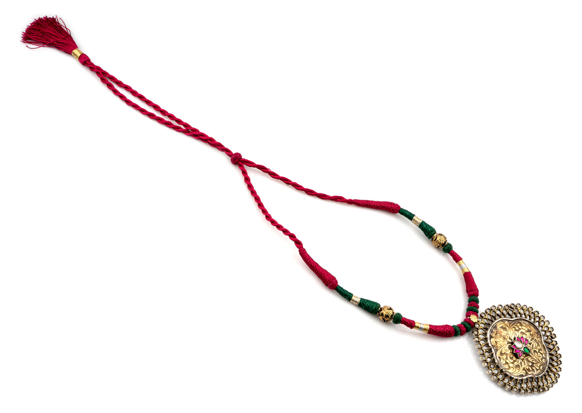 925 Sterling Silver Two Tone Chitai Necklace with Kundan Lotus Motif view 3