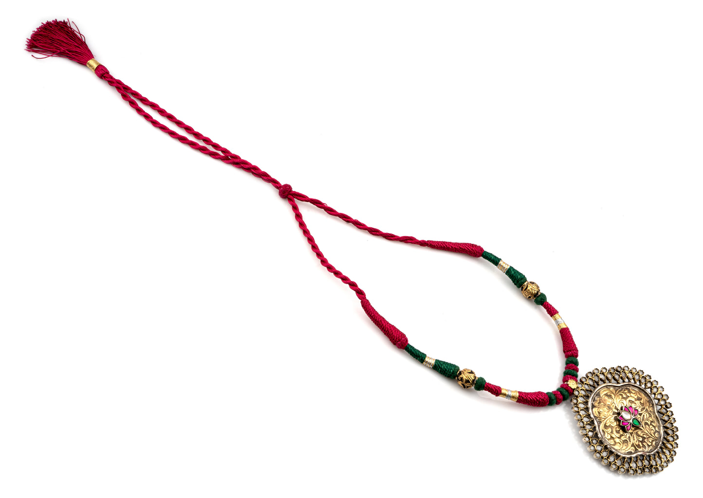 925 Sterling Silver Two Tone Chitai Necklace with Kundan Lotus Motif