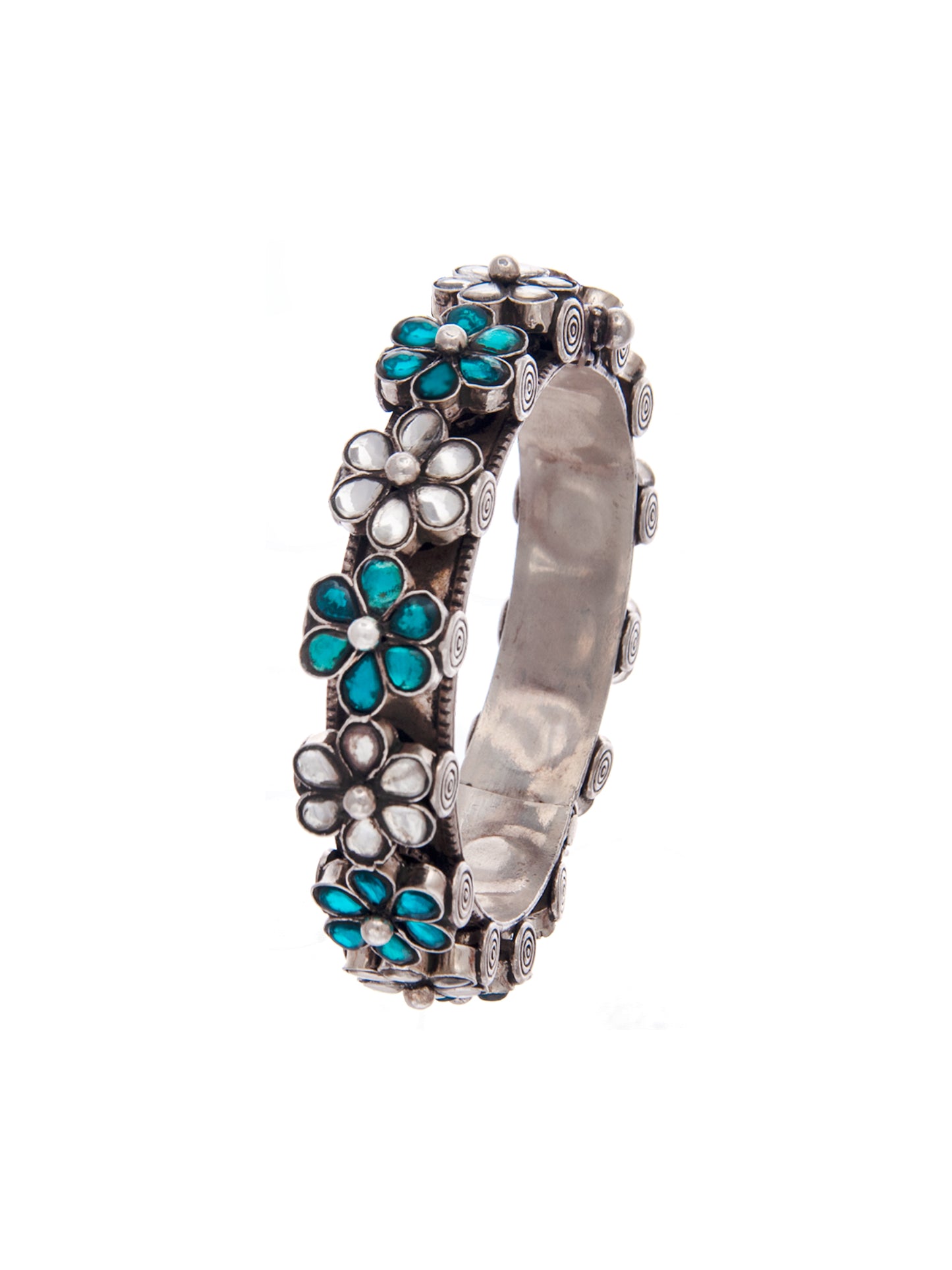 Silver Floral Blue and White Kundan Openable Bangle
