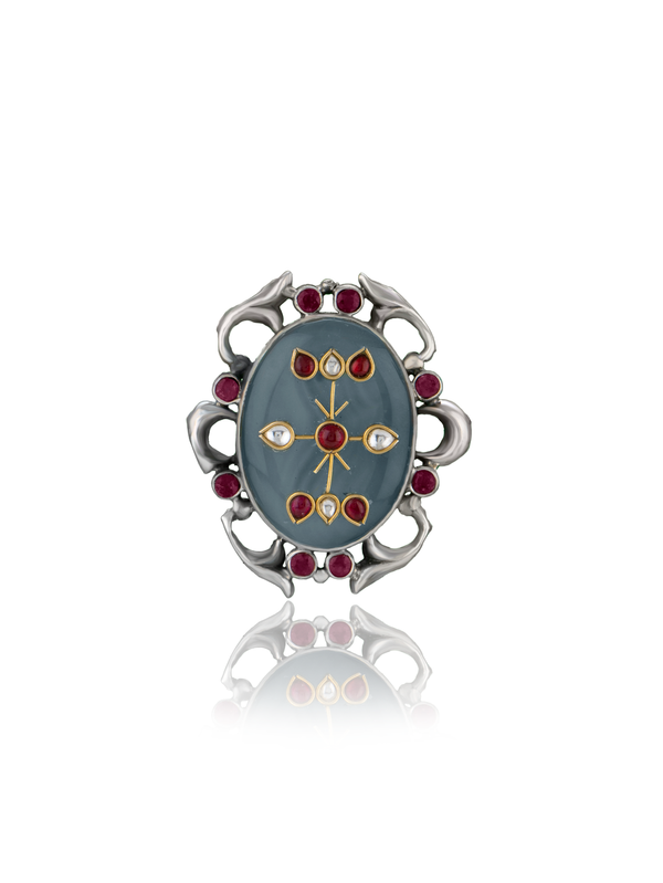 Multicolored Adjustable Ring with Intricate Kundan Work on Natural Gemstone alternate