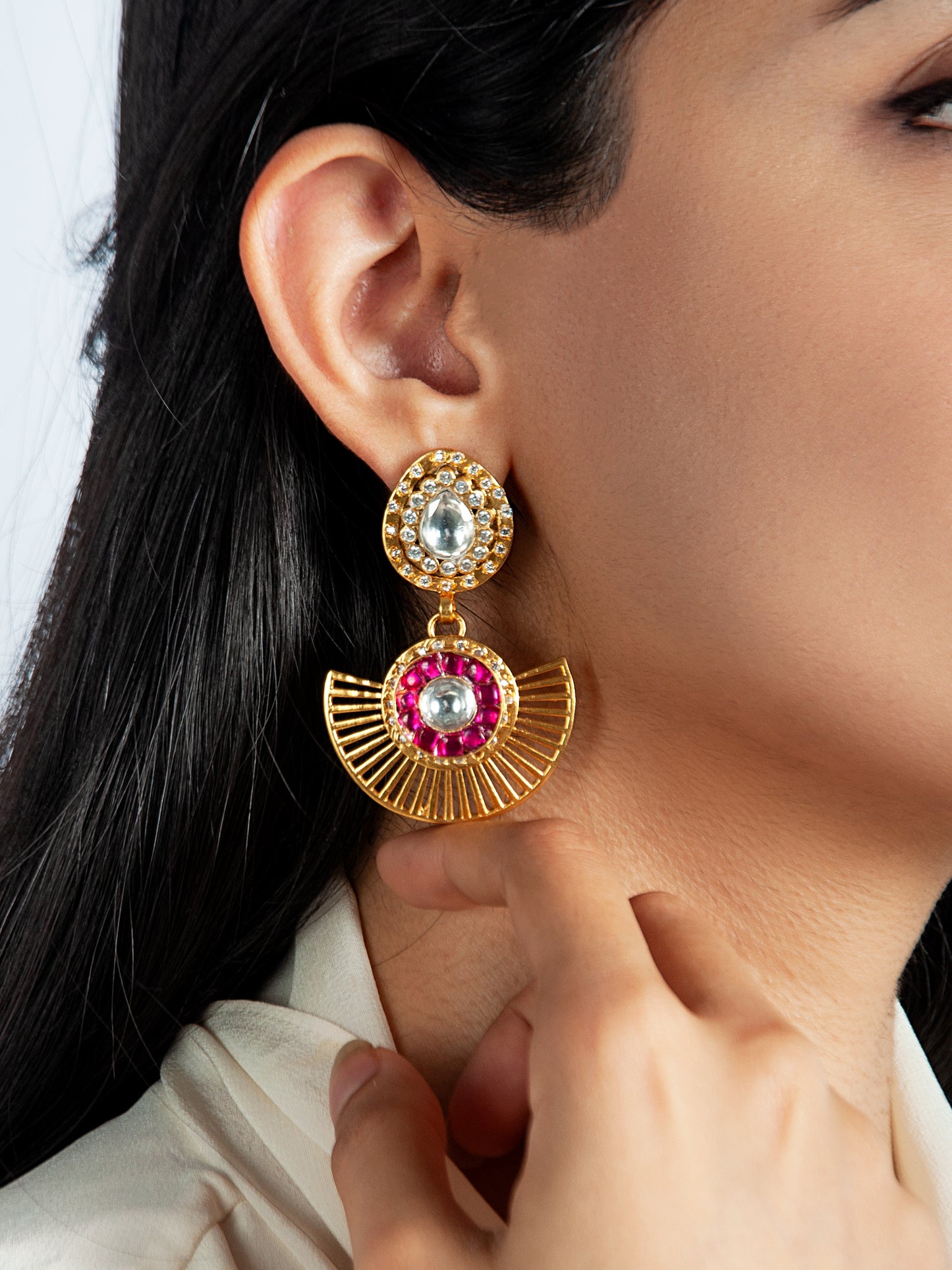 925 Sterling Silver Gold Plated Multicolored Kundan Earring