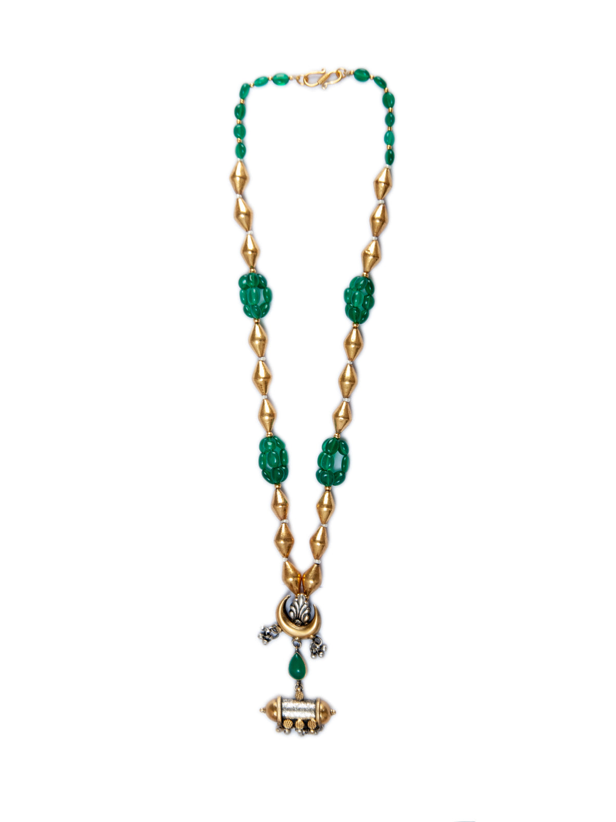 925 Sterling Silver Two Tone 22K Gold Plated Dholki Necklace With Green Onyx Gemstone and Beads view 3