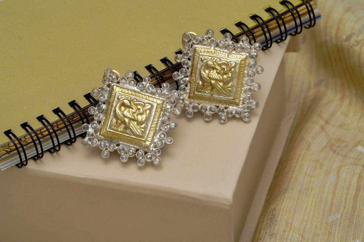 925 Silver Two Tone Peacock Earrings with Crystal Checkers view 1