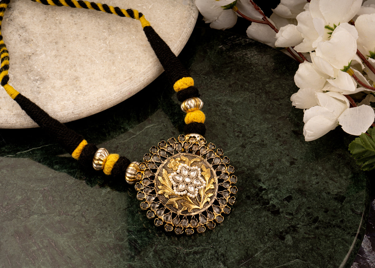 925 Sterling Silver Two Tone Chitai Necklace with Adjustable Patwa Thread view 1