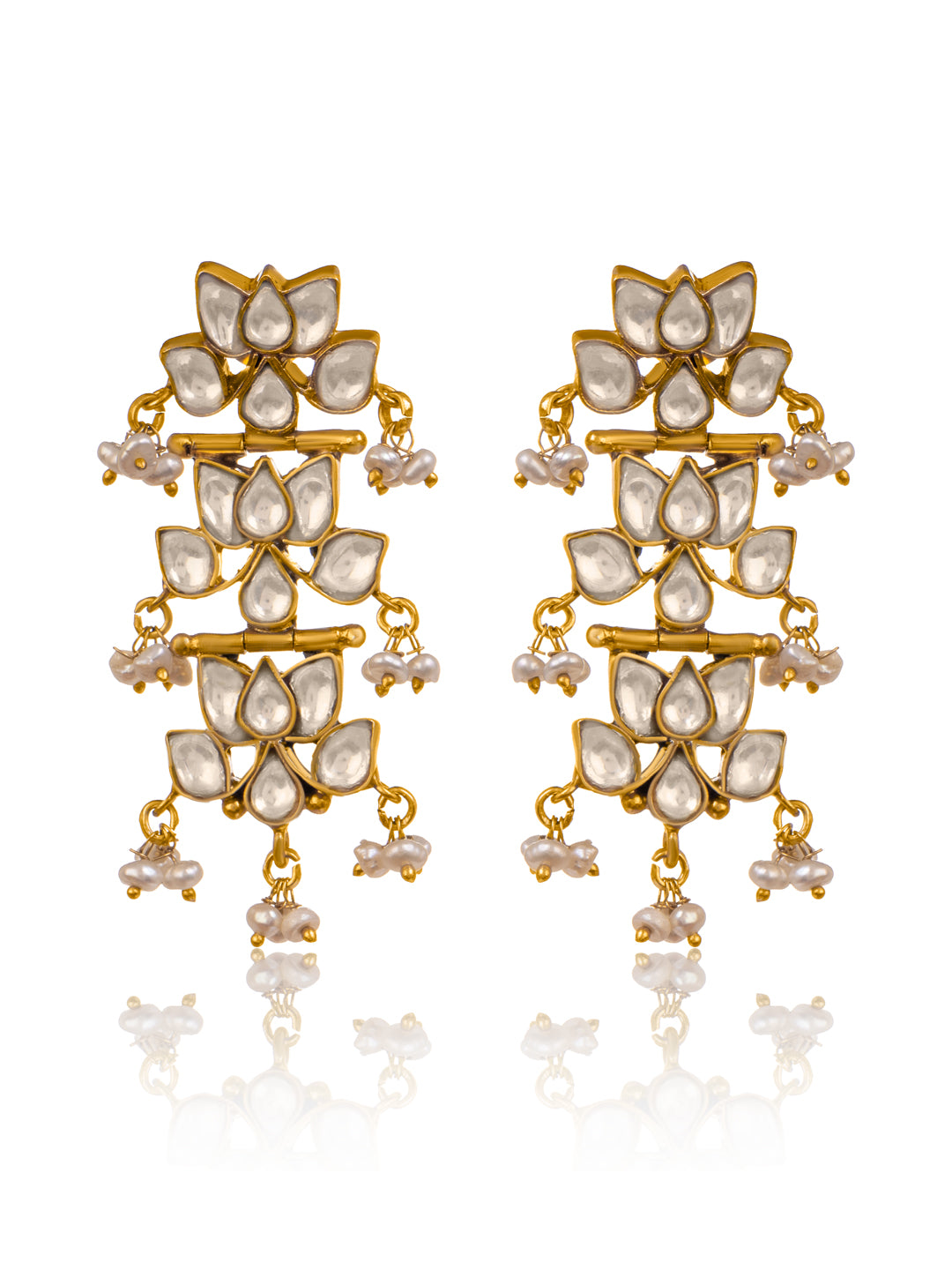 Triple Lotus Gold Plated Kundan Earrings view 1