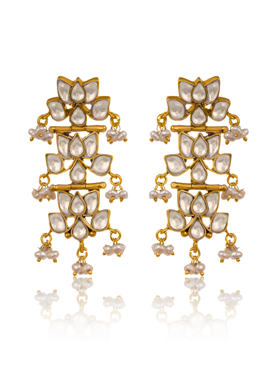 Triple Lotus Gold Plated Kundan Earrings