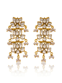 Triple Lotus Gold Plated Kundan Earrings view 1