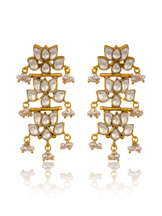 Triple Lotus Gold Plated Kundan Earrings