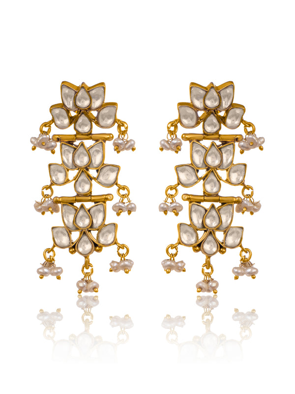 Triple Lotus Gold Plated Kundan Earrings