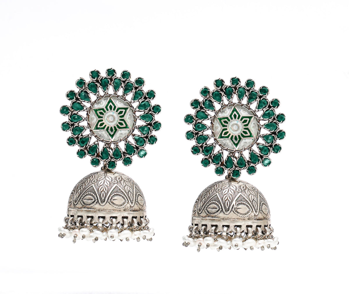925 Silver Meenakari Jhumki Earrings with Natural Green Stones view 4