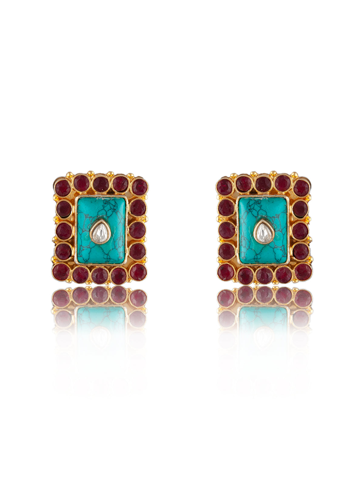925 Sterling Silver 22K Gold Plated Turquoise, Ruby, Kundan Studs Earring view 5