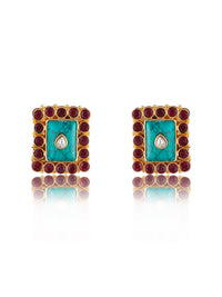 925 Sterling Silver 22K Gold Plated Turquoise, Ruby, Kundan Studs Earring view 5