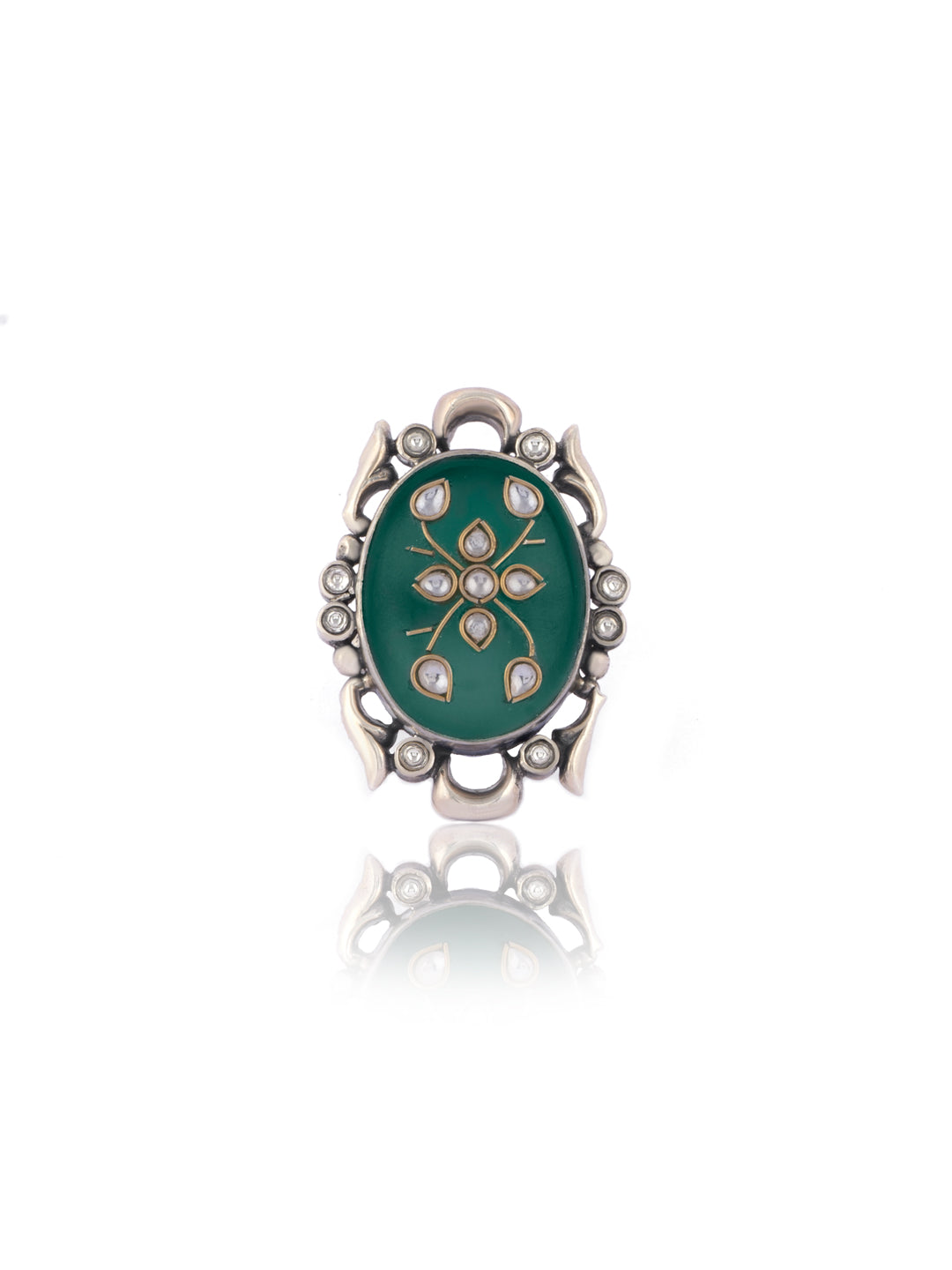 Green Onyx Adjustable Ring with Intricate Kundan Work on Gemstone view 2