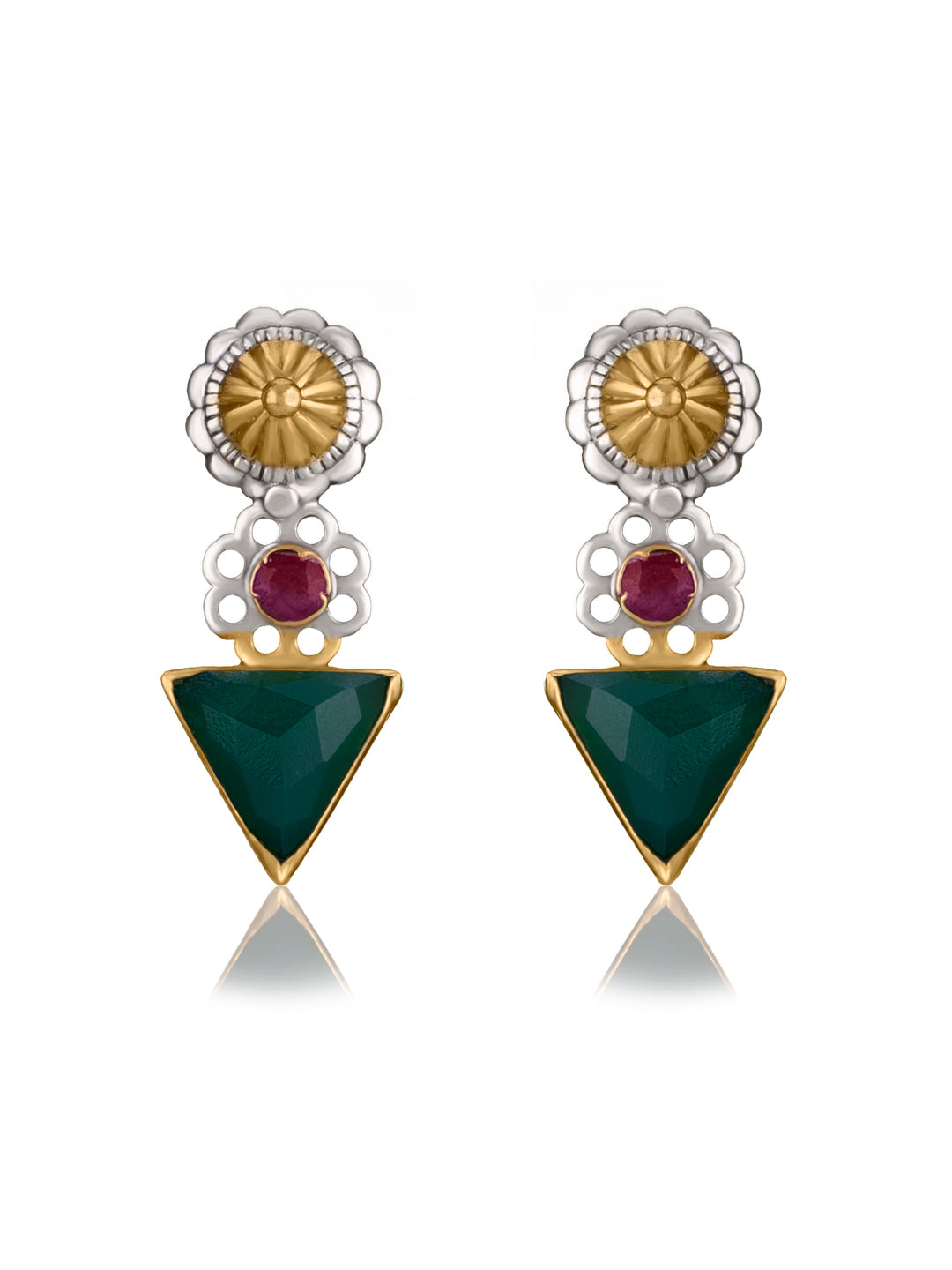 Two Toned Studs with Ruby and Green Onyx view 1