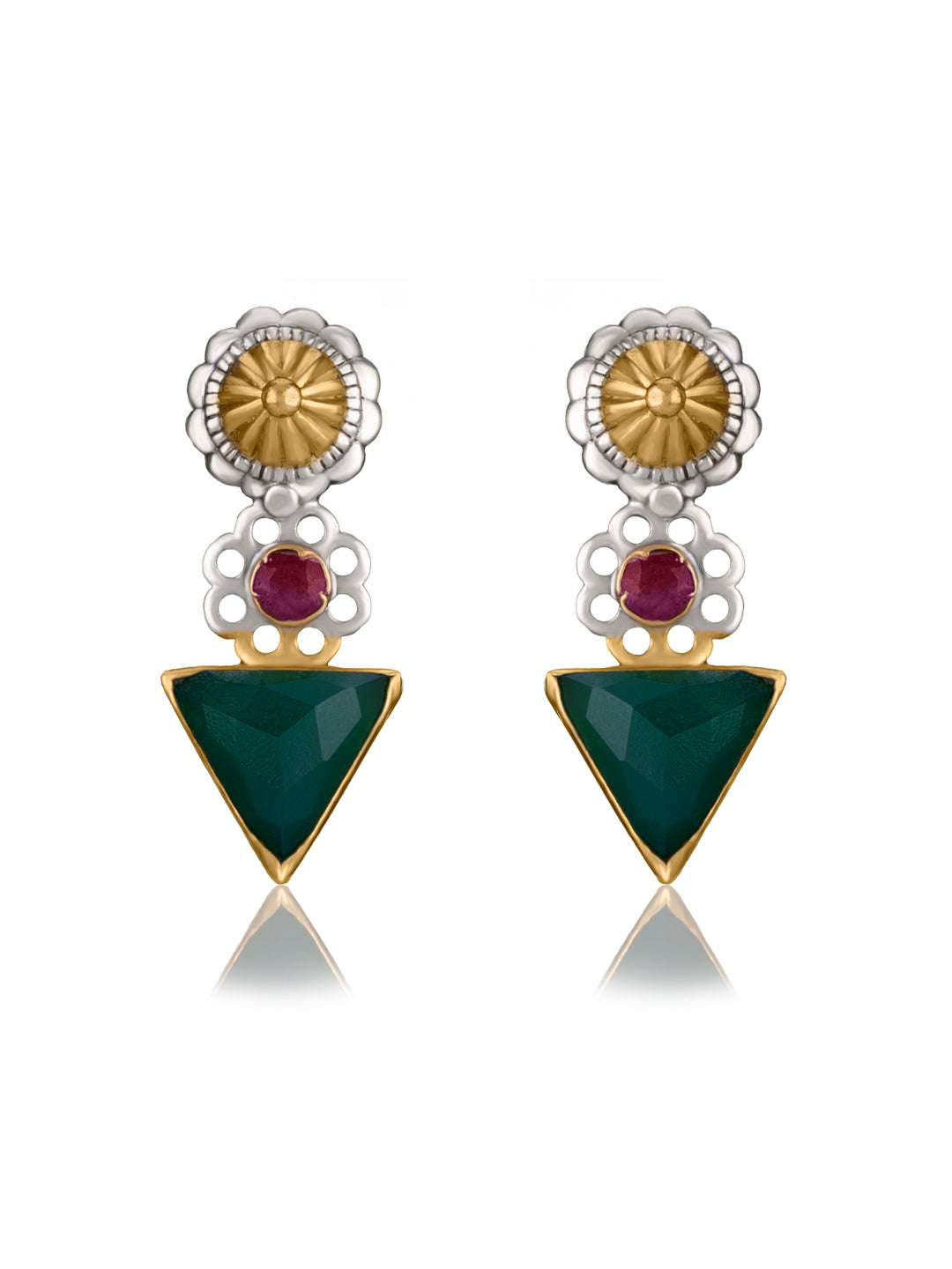 Two Toned Studs with Ruby and Green Onyx