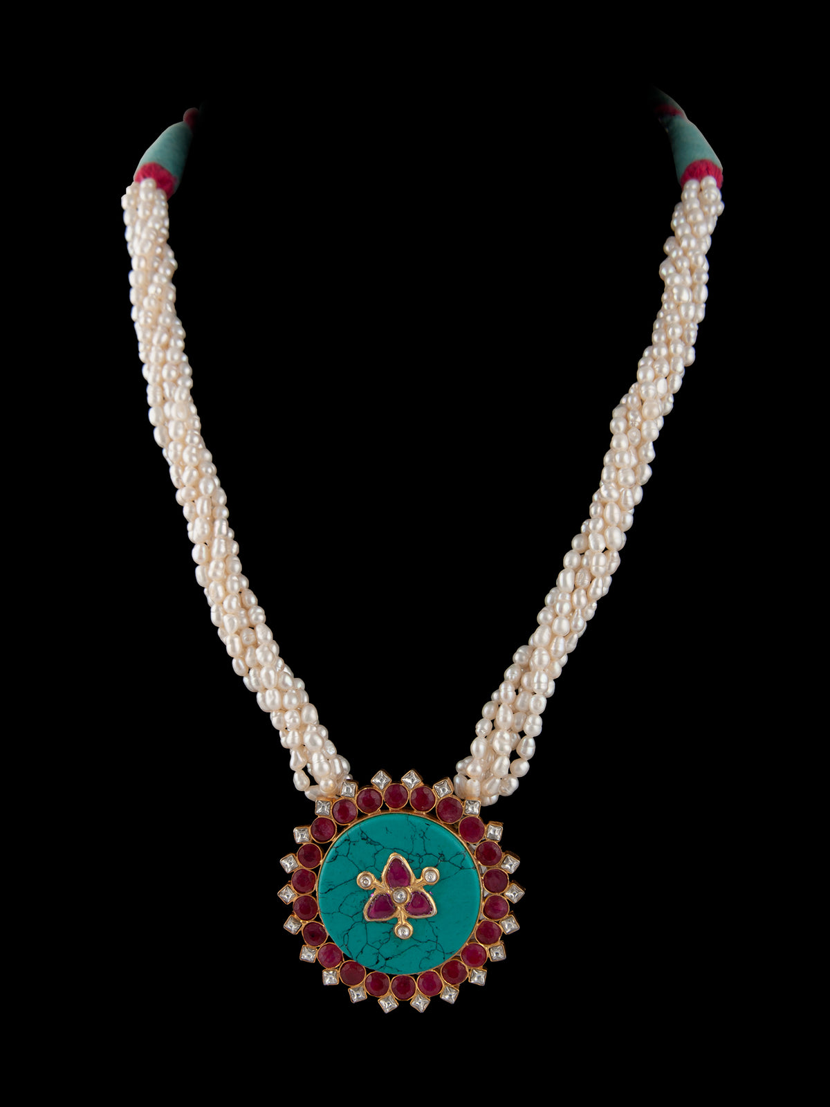 925 Sterling Silver 22K Gold Plated Pearl Beaded Necklace With Turquoise, Ruby Gemstone view 6