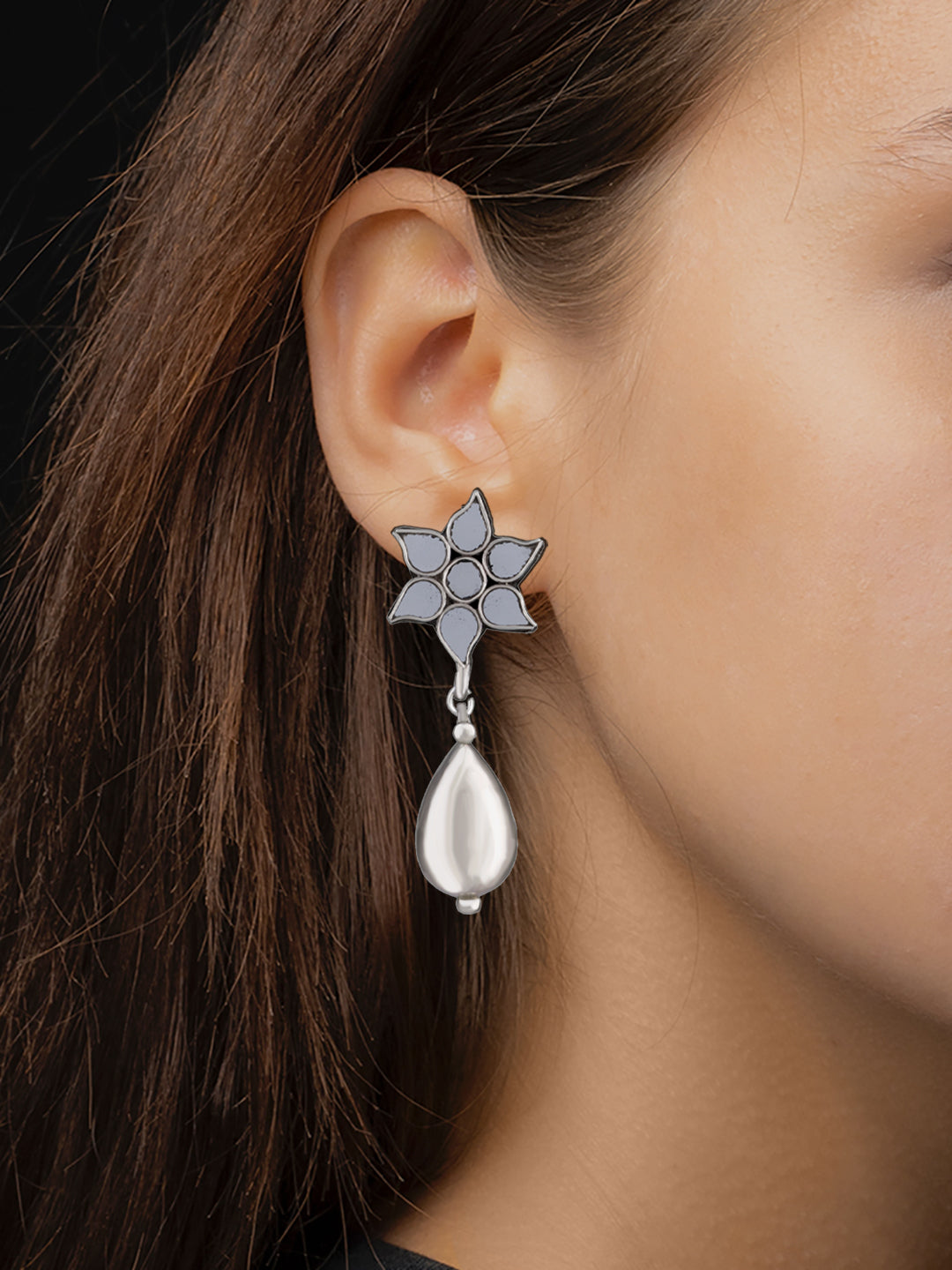 White Floral Glass Earrings with Silver Drop view 2