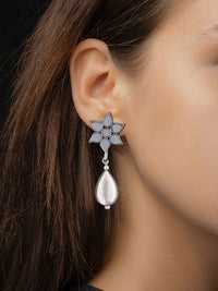 White Floral Glass Earrings with Silver Drop view 2