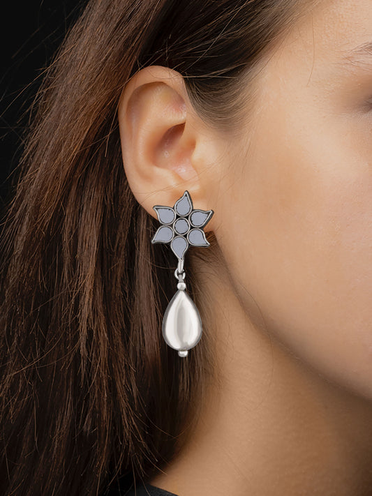 White Floral Glass Earrings with Silver Drop
