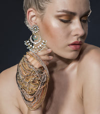 925 Silver Gold Plated White and Green Kundan Chandbali with Pearls view 3
